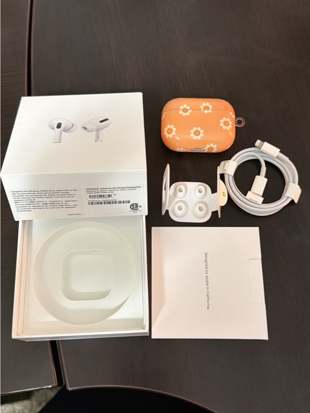 Apple AirPods Pro 1st gen with Orange Daisy Protective Cover and Lightning Cable